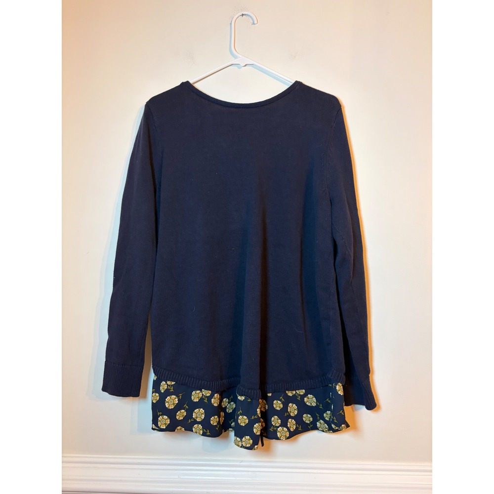 LOFT Plus Layered Sweater Top Women 16/18 Navy Floral Tie Front Mixed Media